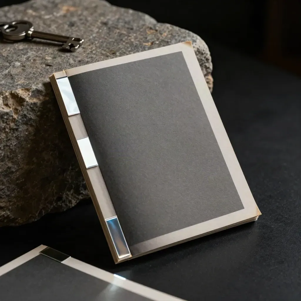 Street-style zine with mirrored acetate tabs against a dark stone block in dramatic studio light.