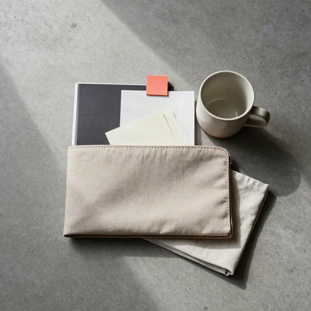Overhead flatlay of a soft sleeve, ceramic cup, paper tabs and folded linen on concrete.