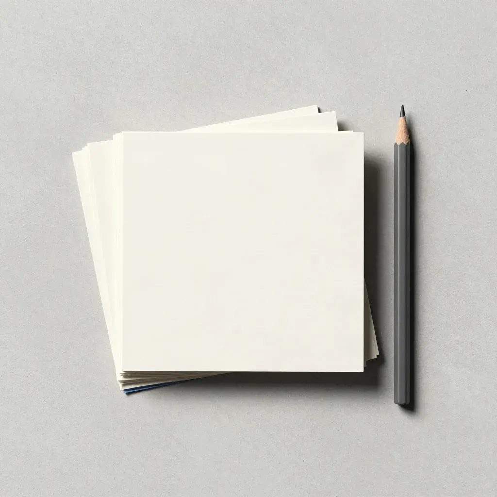 Overhead flatlay of desk mood sheets, pencil, and folded note card on pale concrete
