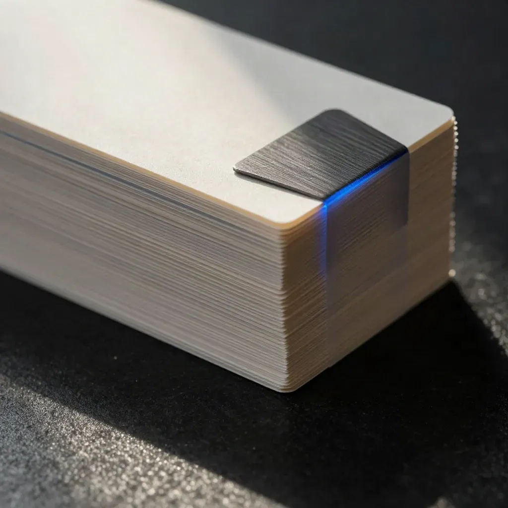 Macro stack of swipe cards in frosted sleeves on black stone with electric-blue rim light.