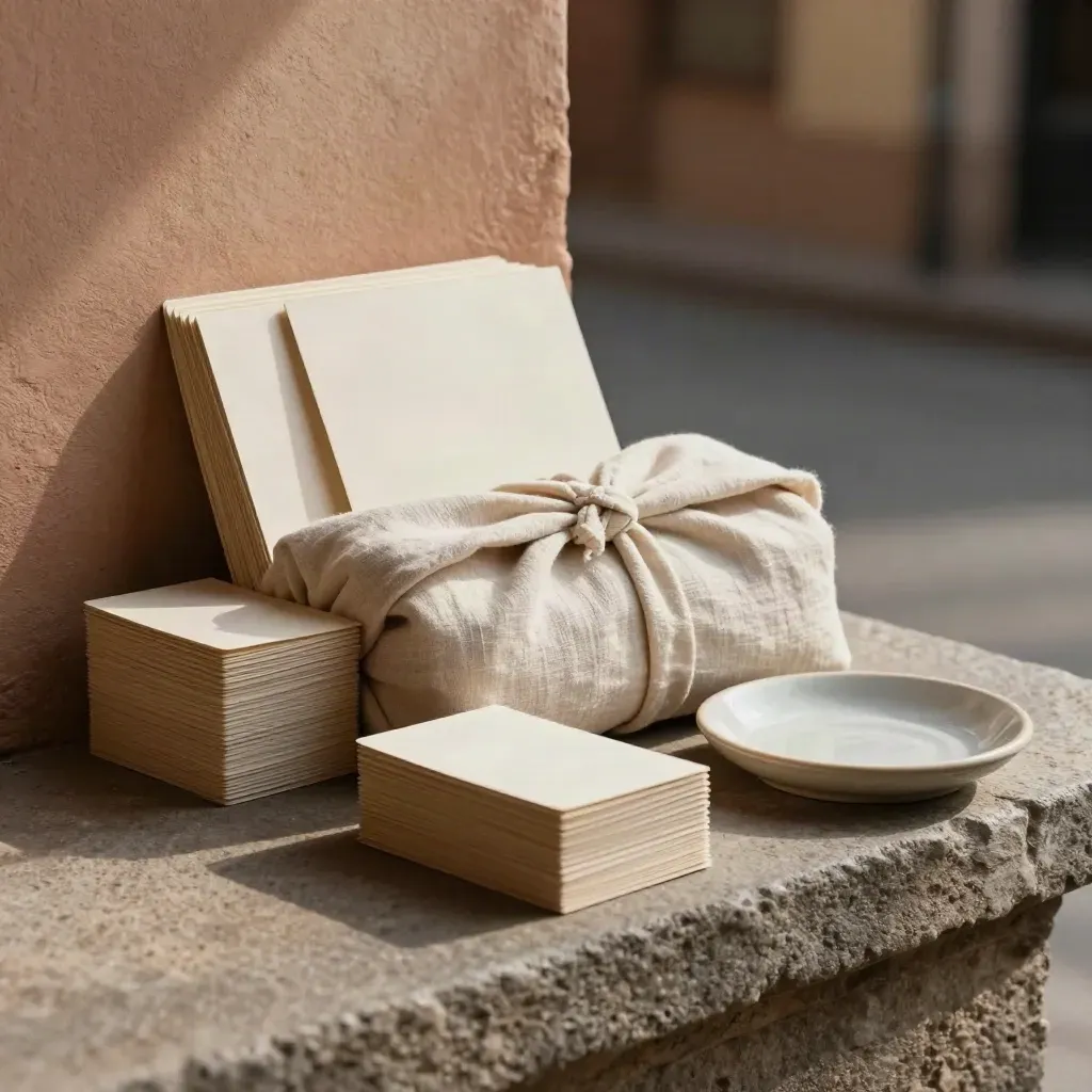 Street market notes pack with fabric wrap and ceramic dish beside stone edge