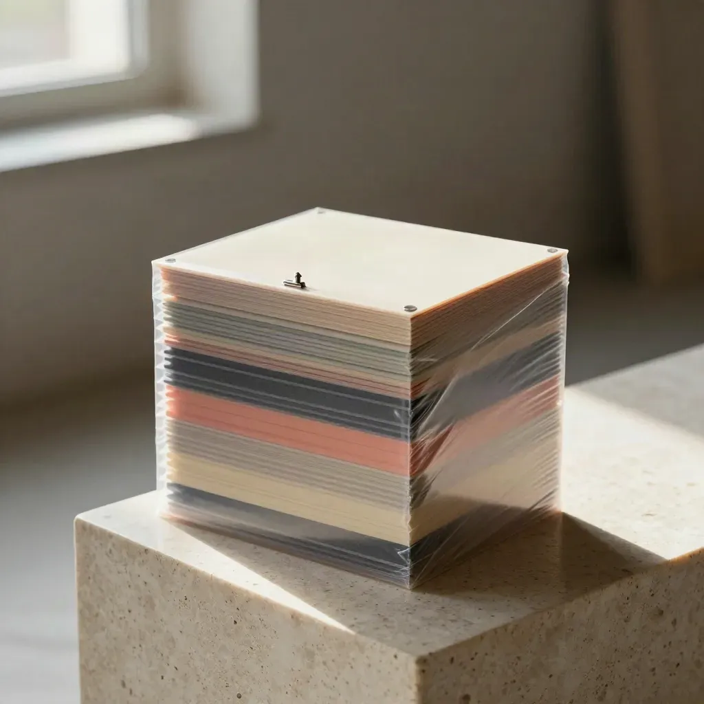 Stacked unmarked mood boards wrapped in translucent film on a travertine plinth