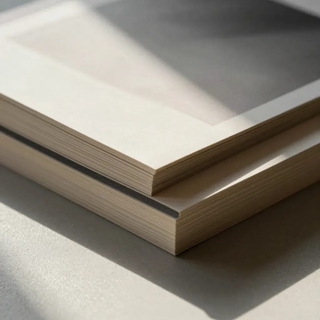 Macro of overlapping matte paper blocks with a graphite divider on a plaster surface.